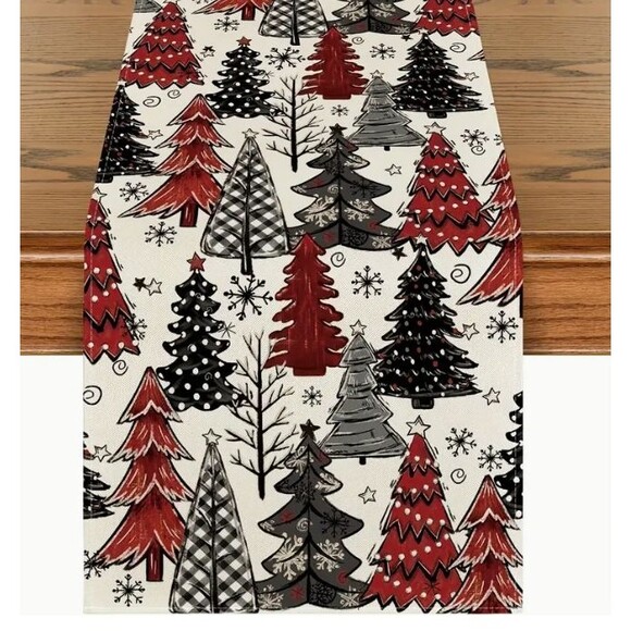 Christmas Tree Table Runner Linen 13x72in Trees & Snowflakes - Picture 1 of 3